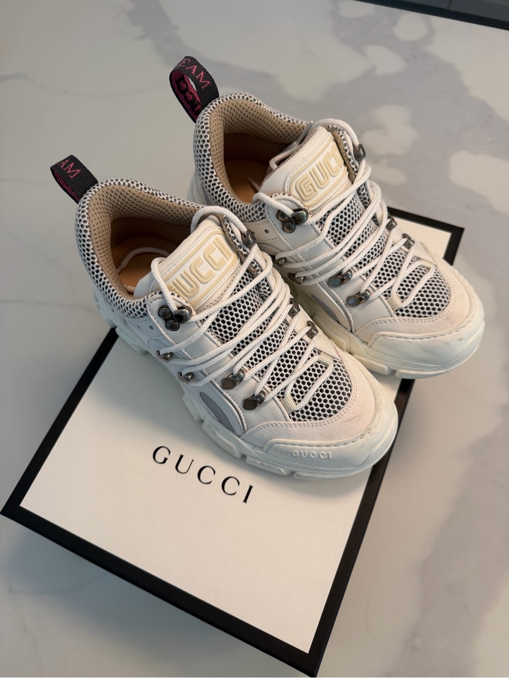 Gucci Flasktrek White and Cream Chunky Mesh Leather Sneakers Size 37 Unisex